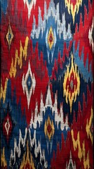 Traditional Indonesian Ikat pattern with vibrant cultural colors, handcrafted imperfections and textile depth