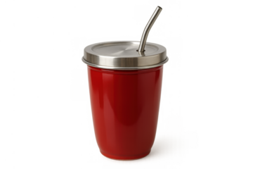 Red reusable tumbler with metal straw and steel lid for eco-friendly drinking on transparent background