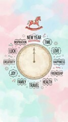 Pastel Christmas and New Year illustration with rocking horse, gifts, stars and vintage clock in soft pink and blue holiday design