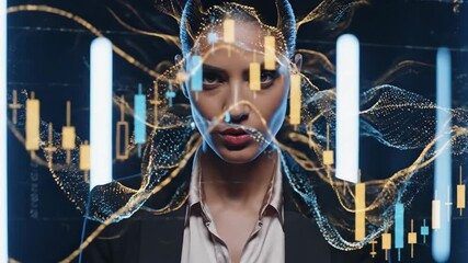 Woman in frontal closeup portrait with digital financial charts overlay. Virtual stock market data visualization on face. Business technology and innovation concept for advertising. - Powered by Adobe