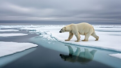 Polar bear on arctic ice floes reflecting climate change impact