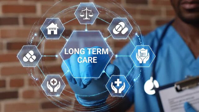 Doctor touched LONG TERM CARE text and working with modern computer virtual medical interface. E-Health, medicine, technology, healthcare concept, ltc 4k video