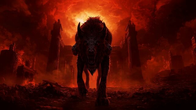 Dark mythical creature emerging from fiery red ruins with glowing atmospheric light creating an intense cinematic fantasy scene filled with smoke and drama