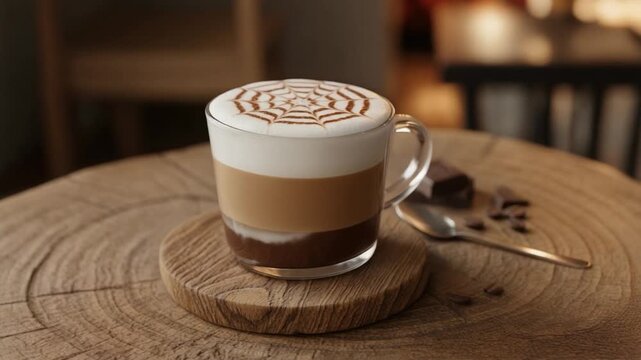 A layered mocha latte in a clear glass with foamy art on top, placed on a wooden surface beside chocolate and coffee beans.