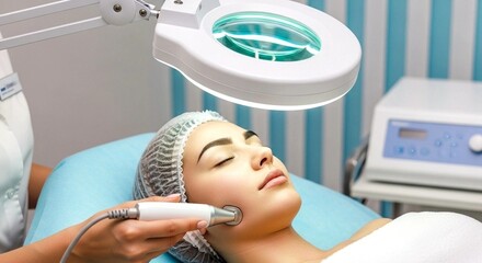 Woman receiving facial treatment in a cosmetology clinic. Cosmetologist performing skin care procedure. Beauty salon and aesthetic medicine concept.