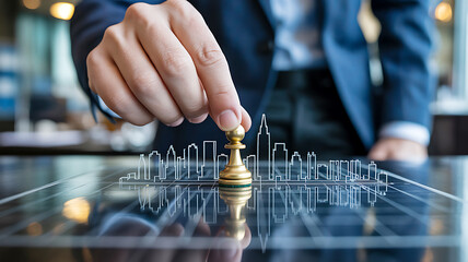 Strategic business move businessman with pawn chess piece and city skyline