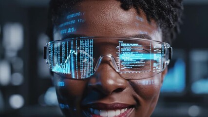 African American woman views augmented reality interface through smart glasses. Close-up sequence of digital data overlay evolving into engaging smile. Futuristic technology and virtual innovation - Powered by Adobe
