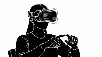 Person interacting with virtual reality interface showing code