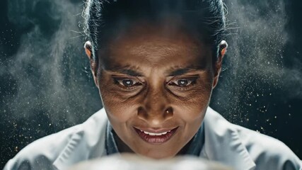 Woman exhaling misty vapor with golden particles in close-up sequence. Ethereal breath transformation visualizing futuristic technology concept for advertising innovation - Powered by Adobe