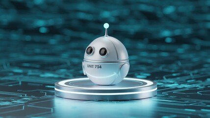 Futuristic Robot: A captivating, modern robot design showcases technological advancements, standing on a sleek, glowing platform and embodying the essence of artificial intelligence. 