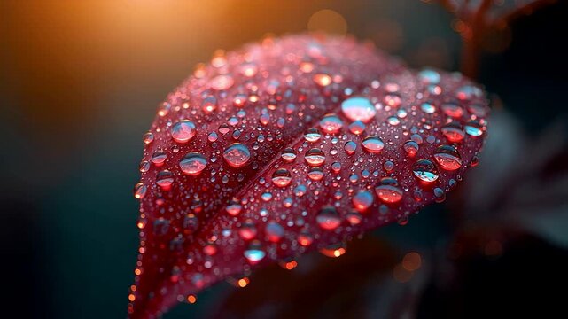Vibrant red leaf covered in sparkling dew droplets glowing under warm soft light creating a rich atmospheric botanical scene with vivid natural texture