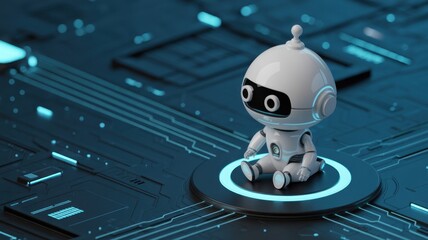 Digital Companion: An endearing robot sits confidently, embodying the spirit of innovation in the realm of technology and Artificial Intelligence. It looks out into a world of data, circuitry.