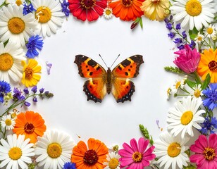 Butterfly Surrounded by Vibrant Wildflowers on a White Background