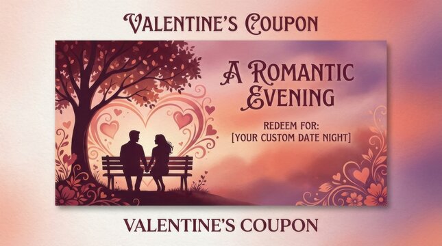 Heartfelt romantic coupon design captures love under a tree in warm gradient hues.
