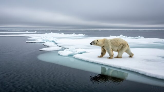 Polar bear on ice floe in arctic landscape