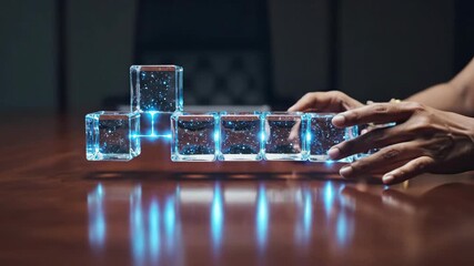 Hands assembling glowing blue cubic blocks into a structure. Cinematic sequence showing digital puzzle building process on wooden table. Innovative technology concept for advertising and tech demos