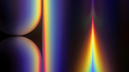 Abstract spectrum of light refraction and reflection creating vibrant rainbow hues against a dark background.