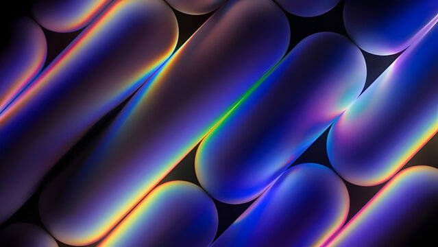 Abstract macro photography captures a vibrant spectrum of iridescent colors shimmering across rounded capsule shaped forms in a dark moody setting.