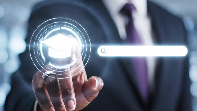 Smart Justice E-Learning Information Technology Template concept. Businessman presses graduation cap wireless wi-fi button on a web search string virtual screen., banner 4k video