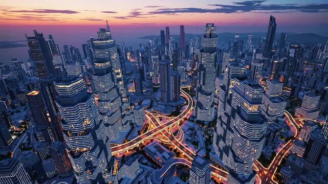 Vast futuristic megacity with illuminated layered skyscrapers and glowing highway loops at sunset against distant mountains and calm sky, concept of advanced urban development