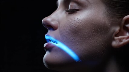 Side profile of woman with evolving blue digital light effects on face. Technological scanning sequence in cyber aesthetic for advertising innovation. - Powered by Adobe