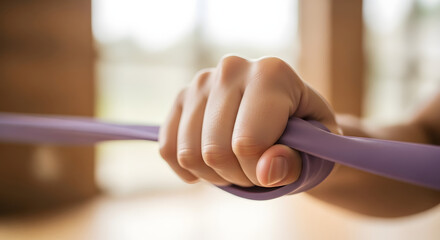 Close up of a hand gripping a purple resistance band during an exercise routine indoors at home