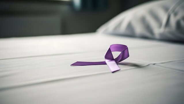 Purple awareness ribbon tied on a white bed sheet with soft lighting