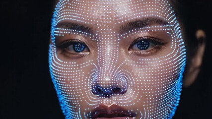Extreme closeup portrait of asian woman with glowing blue digital mesh overlay on face. Futuristic facial scanning technology visualized in sequence. Beauty and innovation concept for tech - Powered by Adobe