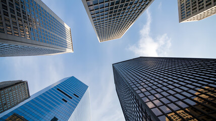 Worm's eye view of tall buildings against a clear blue sky with scattered clouds in the background