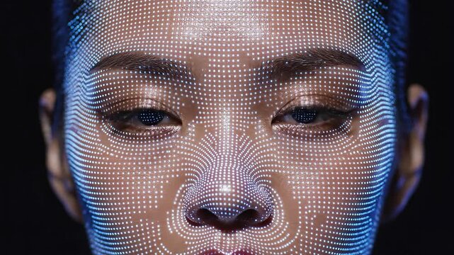 Extreme closeup of asian womans face with digital mesh overlay. Facial scanning animation sequence with blinking eyes. Biometric recognition technology for advertising and security concepts.