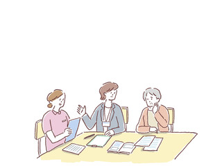 ケアマネージャー、看護師、介護士、相談員と話す高齢女性、