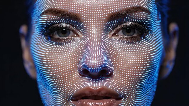 Womans face in extreme closeup with evolving blue digital mesh overlay. Facial scanning process for ai recognition technology. Augmented reality portrait animation in cyber beauty advertising. - Powered by Adobe