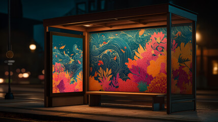 Groovy poster mock-up displayed bus stop retro vintage advertising art design generated ai