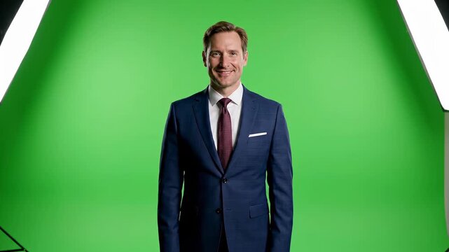 Professional Businessman in Suit Smiling on Green Screen Background with Studio Lights.