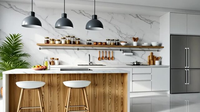 Modern Kitchen Design: An immaculate modern kitchen, showcasing sleek design elements, featuring a breakfast bar with two stools, offering a balance of style and functionality.