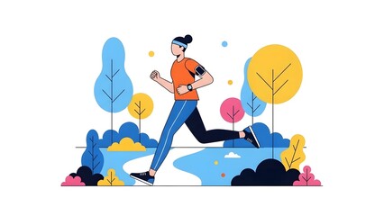 Obraz premium A person is running in a park with trees and a river.