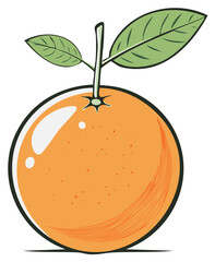 A stylized illustration of a fresh ripe orange fruit with a stem and two green leaves