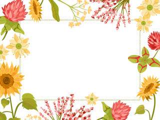A rectangular floral frame composed of summer blooms like sunflowers, linden flowers, and pink clover. The colorful botanical border ideal for invitations, wedding card, seasonal products