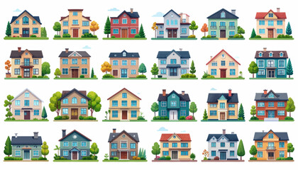 Fototapeta premium A collection of diverse cartoon-style residential houses with unique designs and vibrant colors.