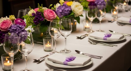 Elegant Table Setting: A beautifully arranged table, adorned with fresh floral centerpieces and delicate glassware, sets a scene of refined dining and festive celebration.