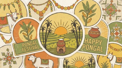 Pongal festival icon collection template like a vibrant celebration in a cozy warm embrace