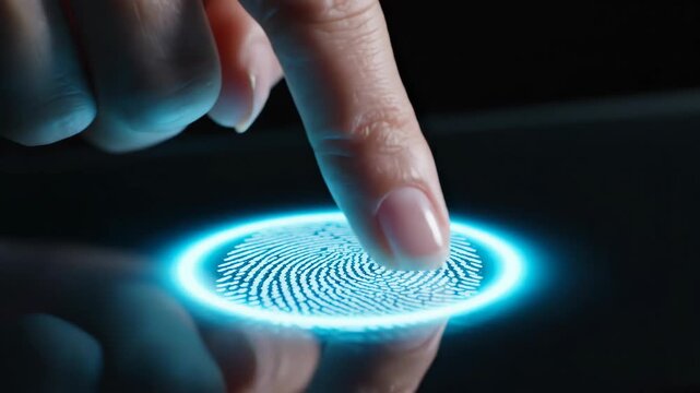 Womans finger approaching biometric scanner. Close-up sequence of touch activation and glowing fingerprint recognition. Digital security technology for authentication and access.