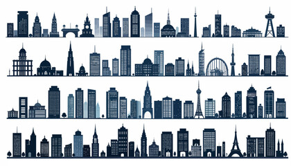 Obraz premium Collection of diverse city skyline silhouettes featuring various architectural styles and famous landmarks from around the world.