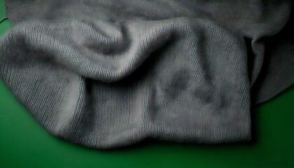 Fototapeta premium Close-up of a folded gray knitted fabric on green surface.