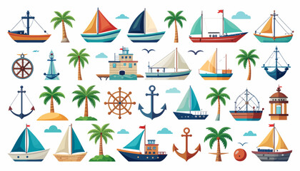 A vibrant collection of nautical and tropical elements including various boats, palm trees, anchors, and lighthouses, set against a white background.