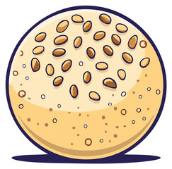 Fototapeta premium Cartoon illustration of a delicious round baked good generously topped with sesame seeds