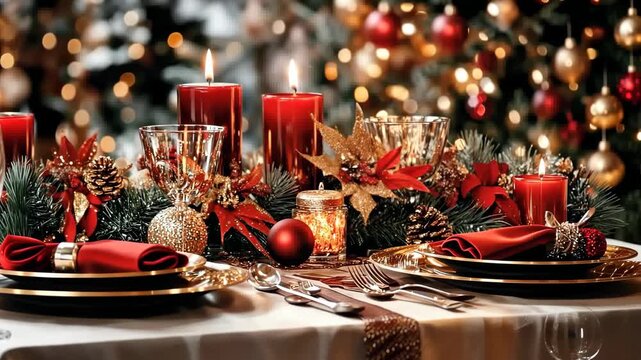 Festive Feast: A beautifully adorned dining table evokes the warmth and magic of Christmas. Elegant setting with candles, ornaments, and seasonal decorations.