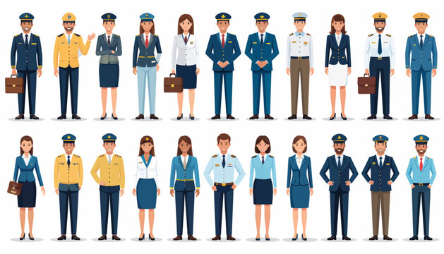 A diverse group of men and women in various professional uniforms, including pilots, police, and military, standing in two rows.