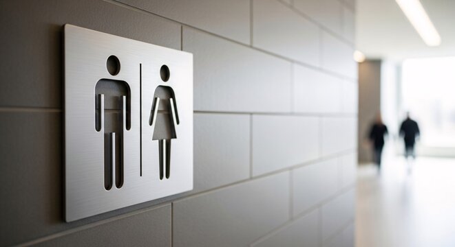 Restroom sign in modern architecture wayfinding for public convenience directing male and female to toilet access providing clear information location of services signage guidance