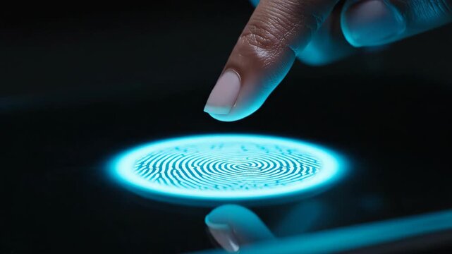African American hand activating biometric fingerprint scanner. Close-up sequence of touch sensor lighting up for secure access. Technology concept for digital authentication and identity